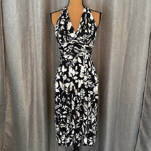 Black White Floral Dress Petite 6P Ruched Waist Evan Picone Midi